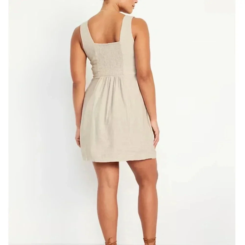 Old Navy Linen Blend Square Neck Above Knee Natural Dress Flax Color 3X Vacation - Picture 2 of 8
